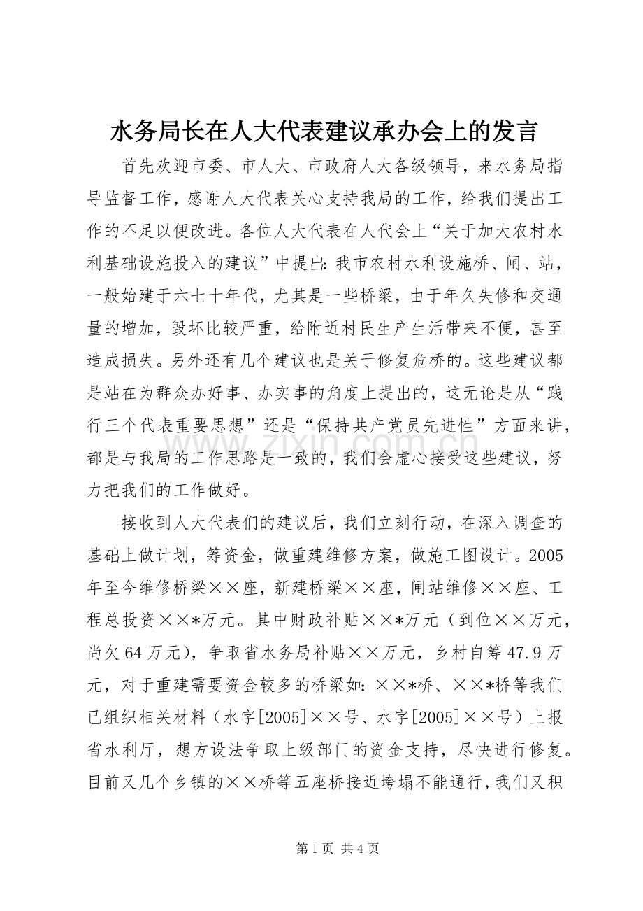 水务局长在人大代表建议承办会上的发言稿.docx_第1页