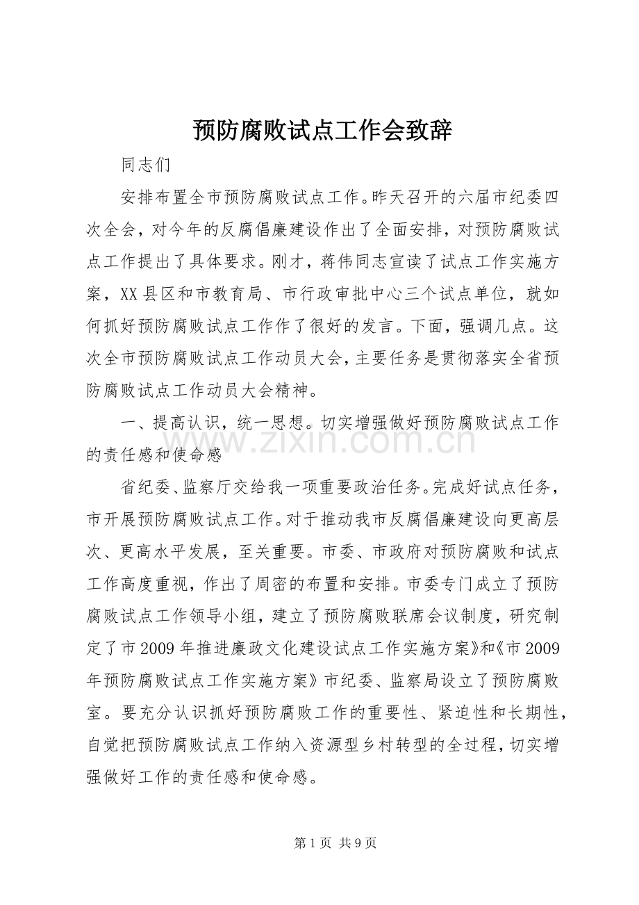 预防腐败试点工作会演讲致辞.docx_第1页