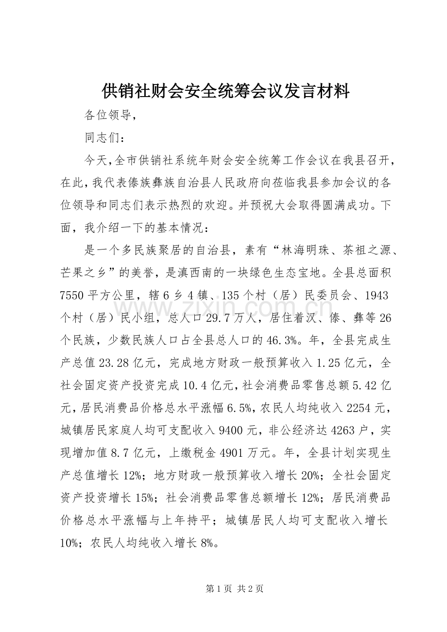 供销社财会安全统筹会议发言材料提纲.docx_第1页