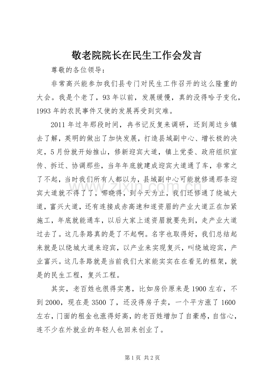 敬老院院长在民生工作会发言稿.docx_第1页