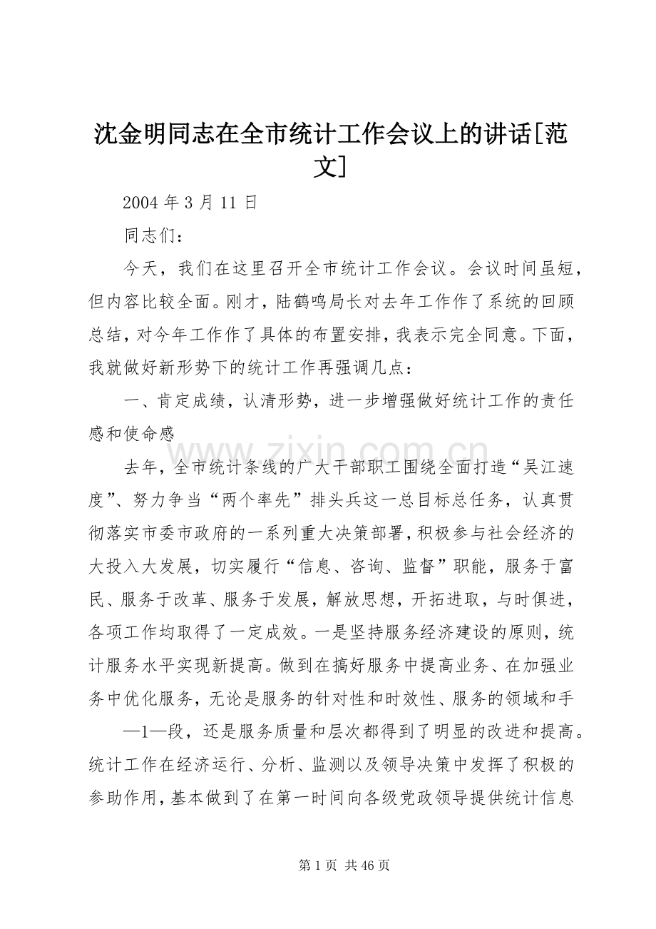 沈金明同志在全市统计工作会议上的讲话[范文].docx_第1页
