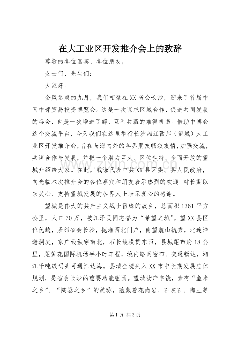 在大工业区开发推介会上的演讲致辞.docx_第1页