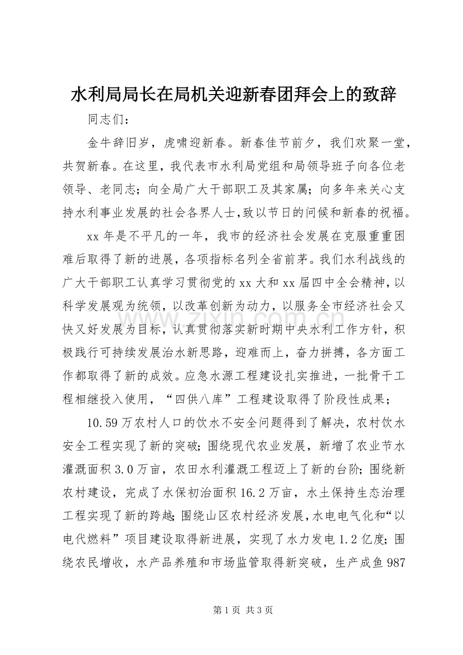 水利局局长在局机关迎新春团拜会上的演讲致辞 (2).docx_第1页