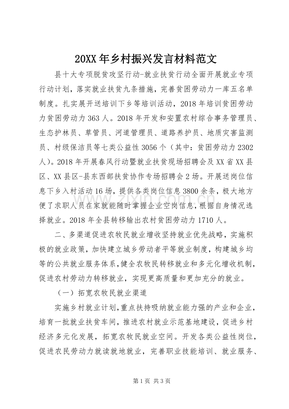 20XX年乡村振兴发言材料致辞范文.docx_第1页