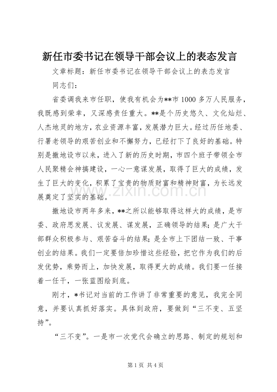 新任市委书记在领导干部会议上的表态发言.docx_第1页