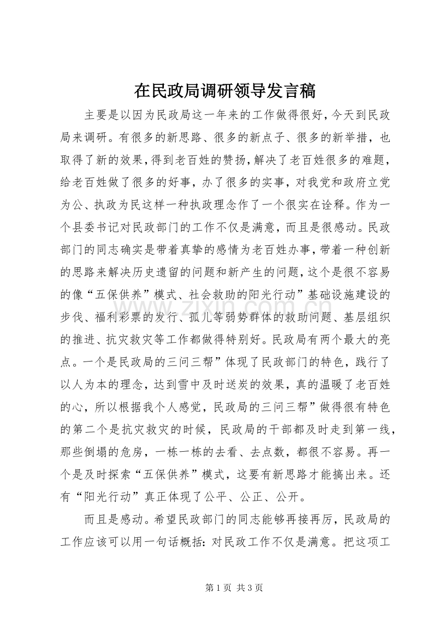 在民政局调研领导发言.docx_第1页