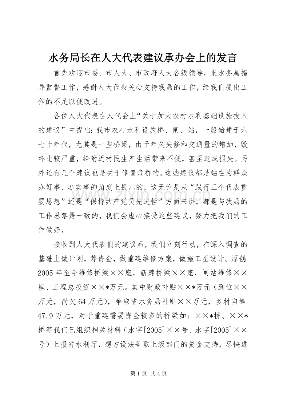 水务局长在人大代表建议承办会上的发言.docx_第1页
