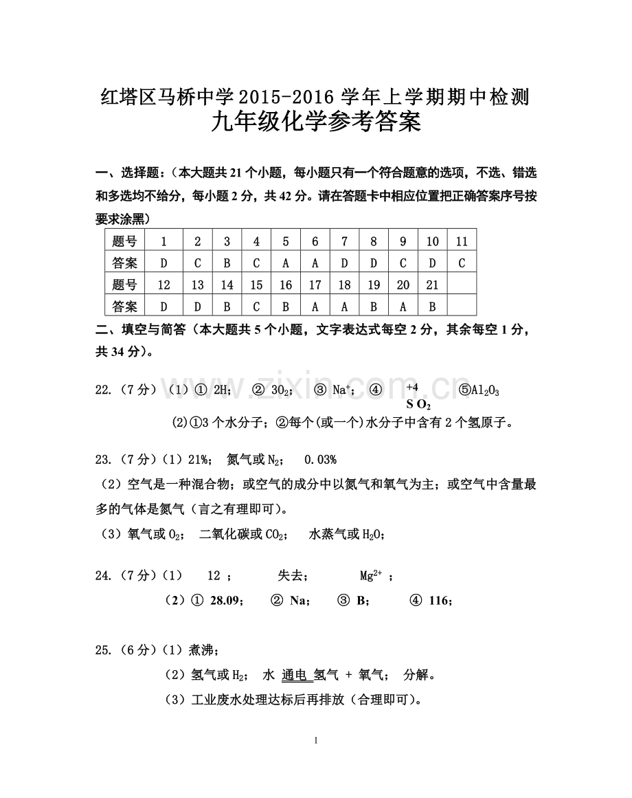 2015-2016学年初三上学期期中检测化学试卷参考答案.doc_第1页