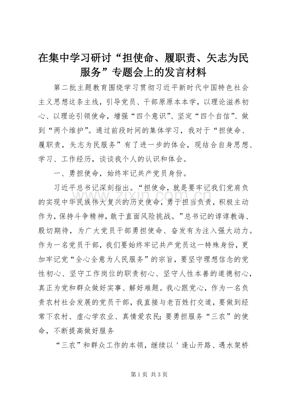在集中学习研讨“担使命、履职责、矢志为民服务”专题会上的发言材料提纲.docx_第1页