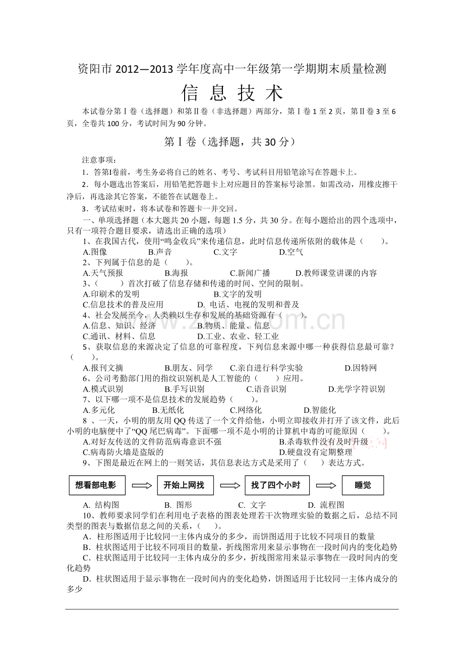 四川省资阳市2012-2013学年高一上学期期末质量检测信息技术.doc_第1页