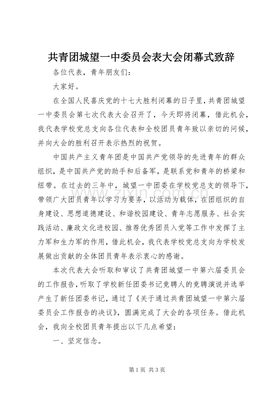 共青团城望一中委员会表大会闭幕式致辞.docx_第1页