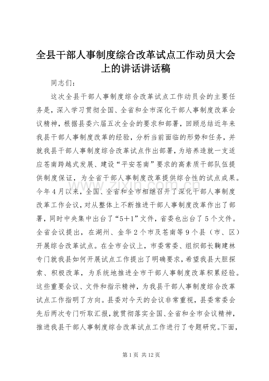 全县干部人事制度综合改革试点工作动员大会上的讲话讲话稿.docx_第1页