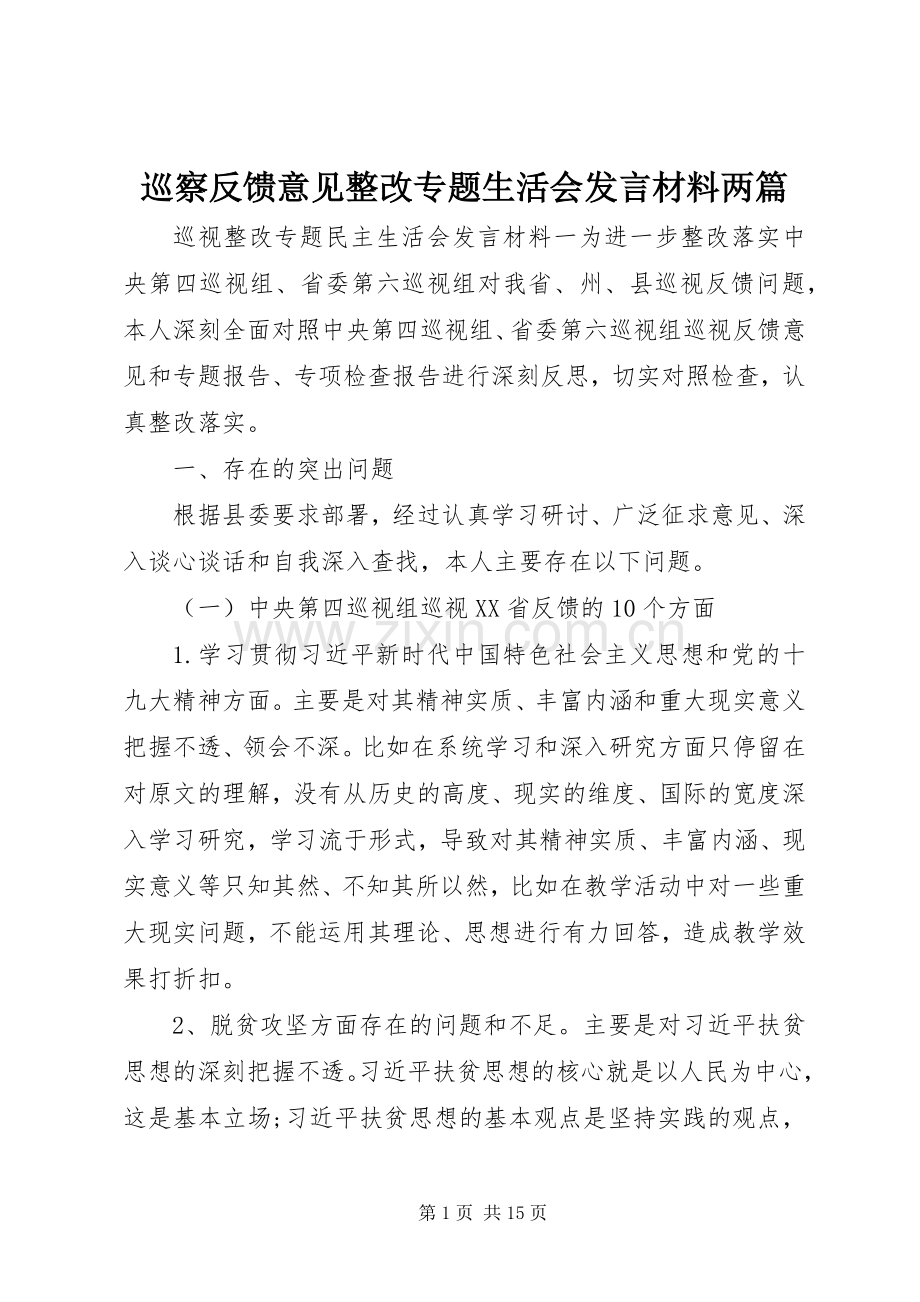 巡察反馈意见整改专题生活会发言材料提纲两篇.docx_第1页