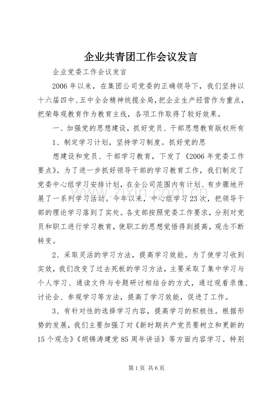 企业共青团工作会议发言稿.docx_第1页