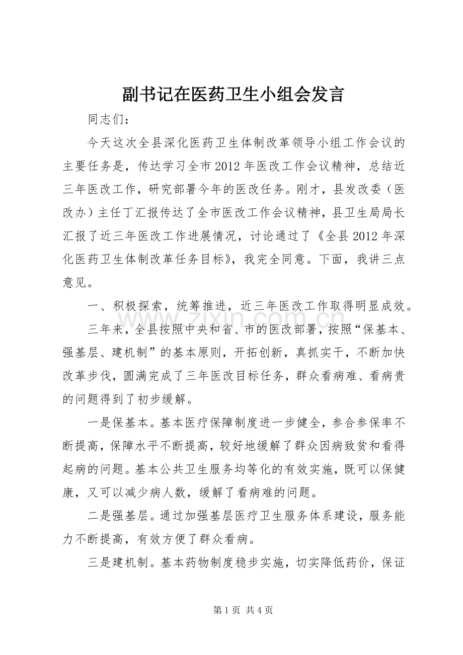 副书记在医药卫生小组会发言稿.docx_第1页