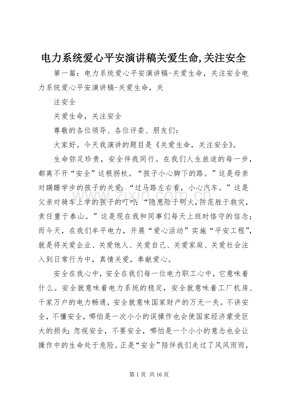 电力系统爱心平安演讲稿关爱生命,关注安全.docx_第1页