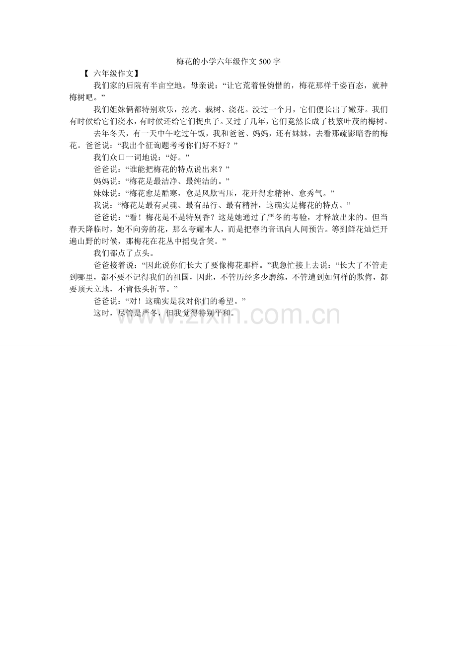 梅花的小学六年级作文500字.doc_第1页