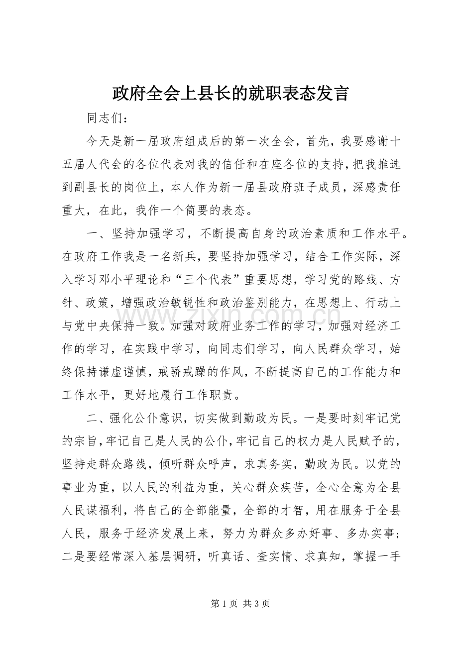 政府全会上县长的就职表态发言稿.docx_第1页