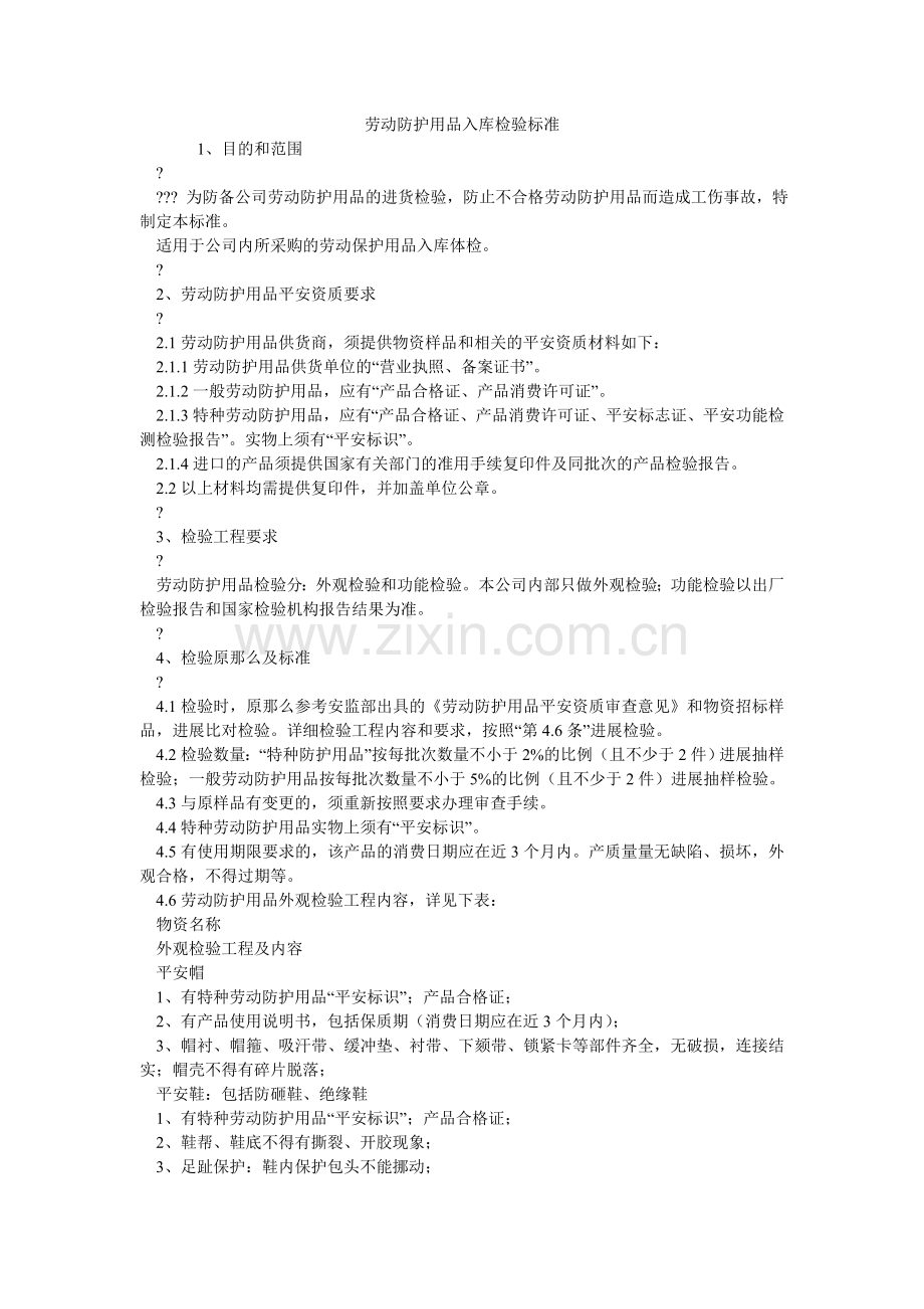 劳动防护用品入库检验标准.doc_第1页
