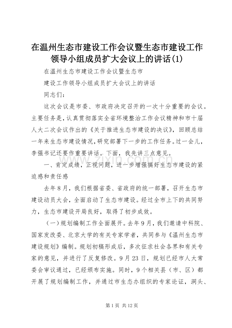 在温州生态市建设工作会议暨生态市建设工作领导小组成员扩大会议上的讲话(1).docx_第1页