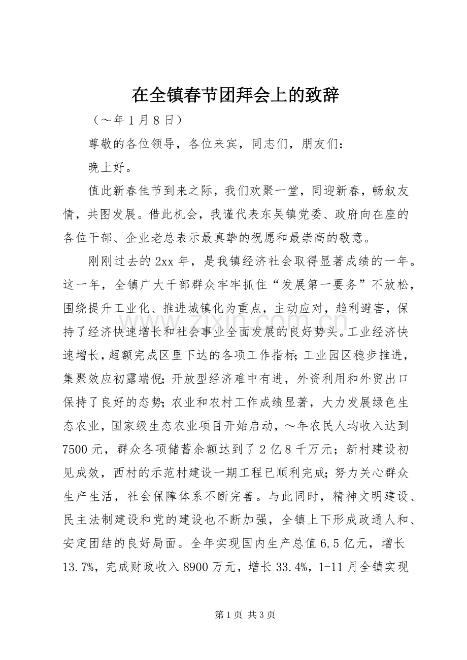 在全镇春节团拜会上的演讲致辞范文.docx_第1页