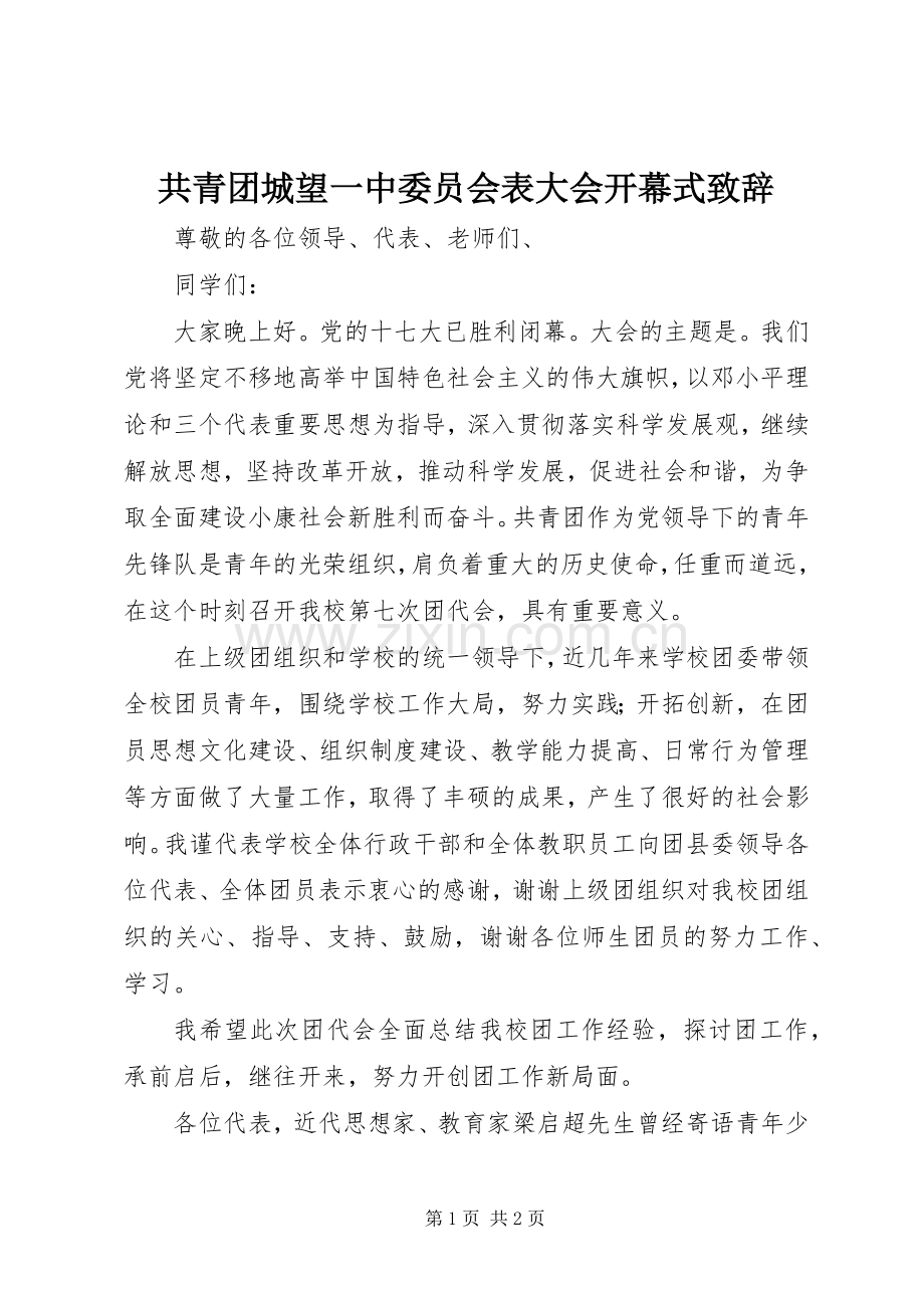 共青团城望一中委员会表大会开幕式演讲致辞.docx_第1页