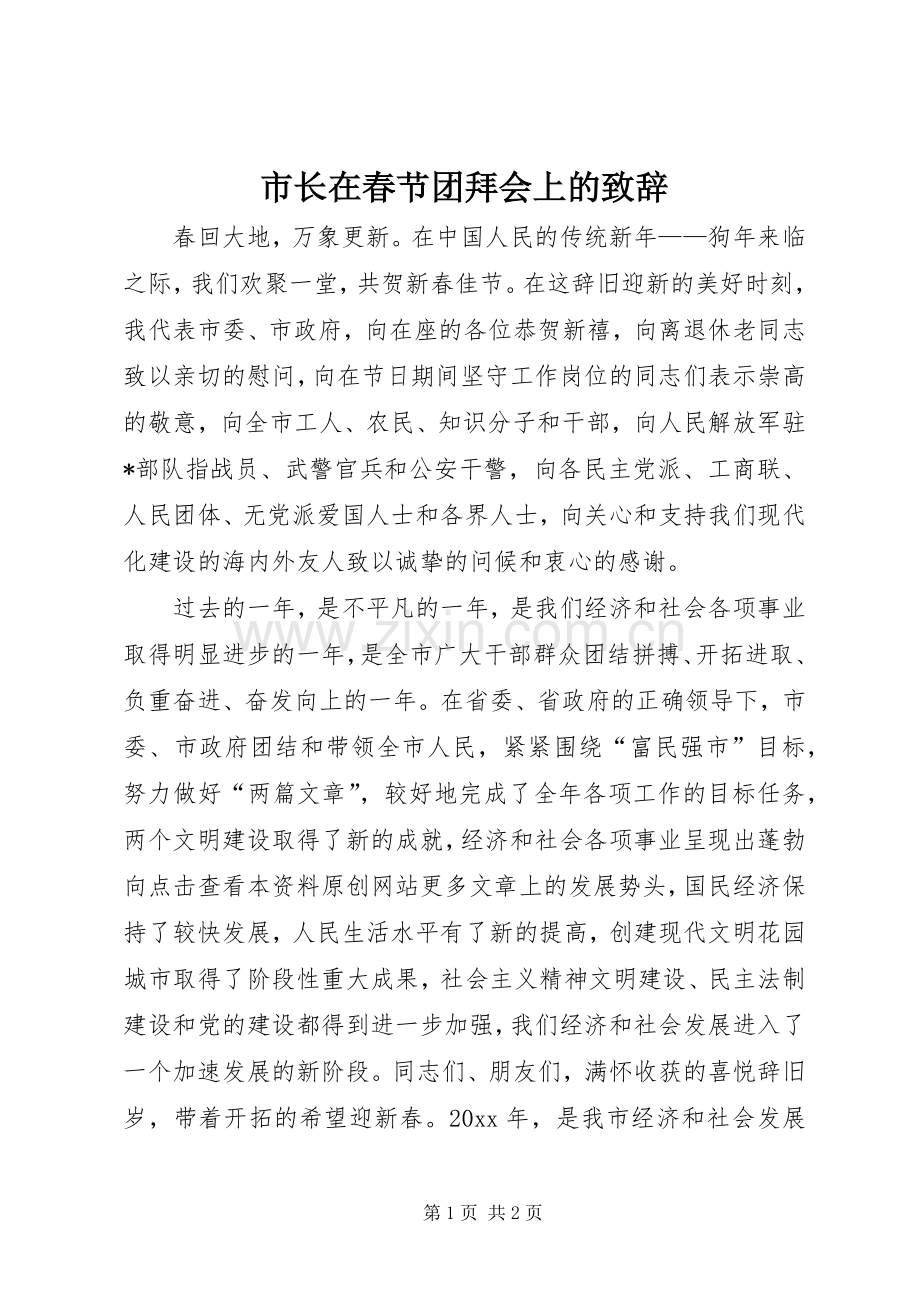 市长在春节团拜会上的致辞演讲范文.docx_第1页