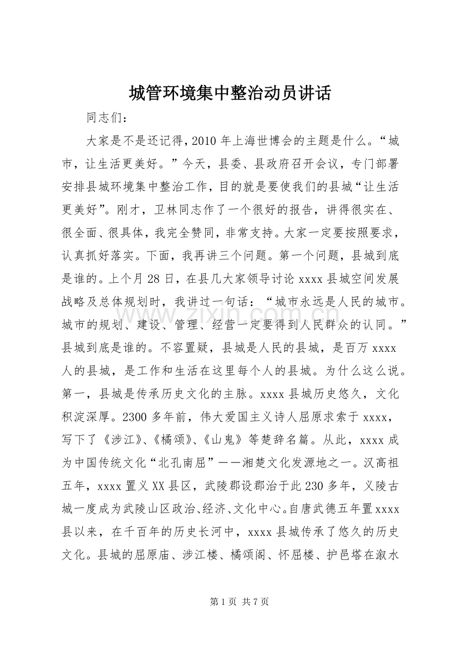 城管环境集中整治动员讲话.docx_第1页