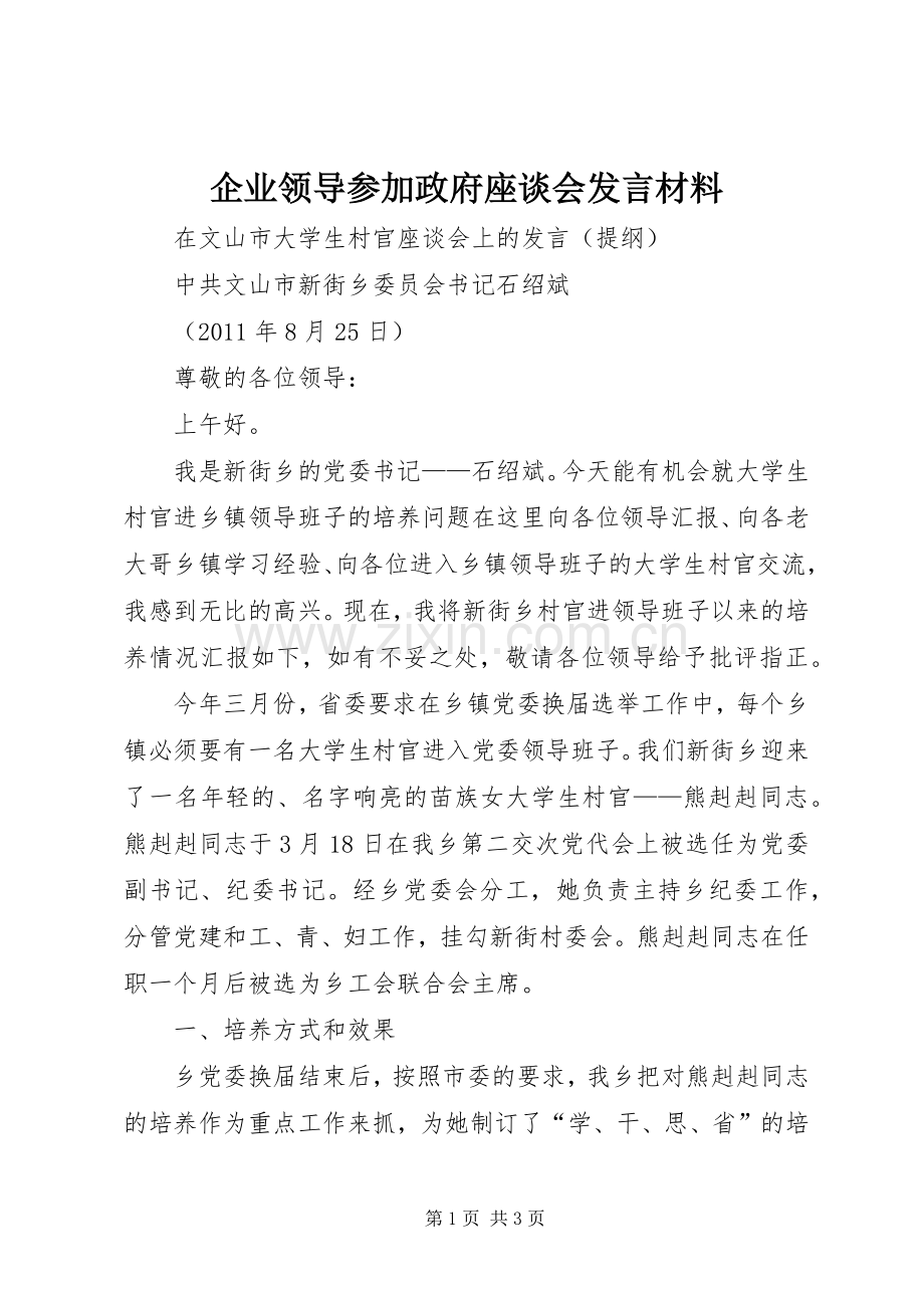 企业领导参加政府座谈会发言材料提纲.docx_第1页