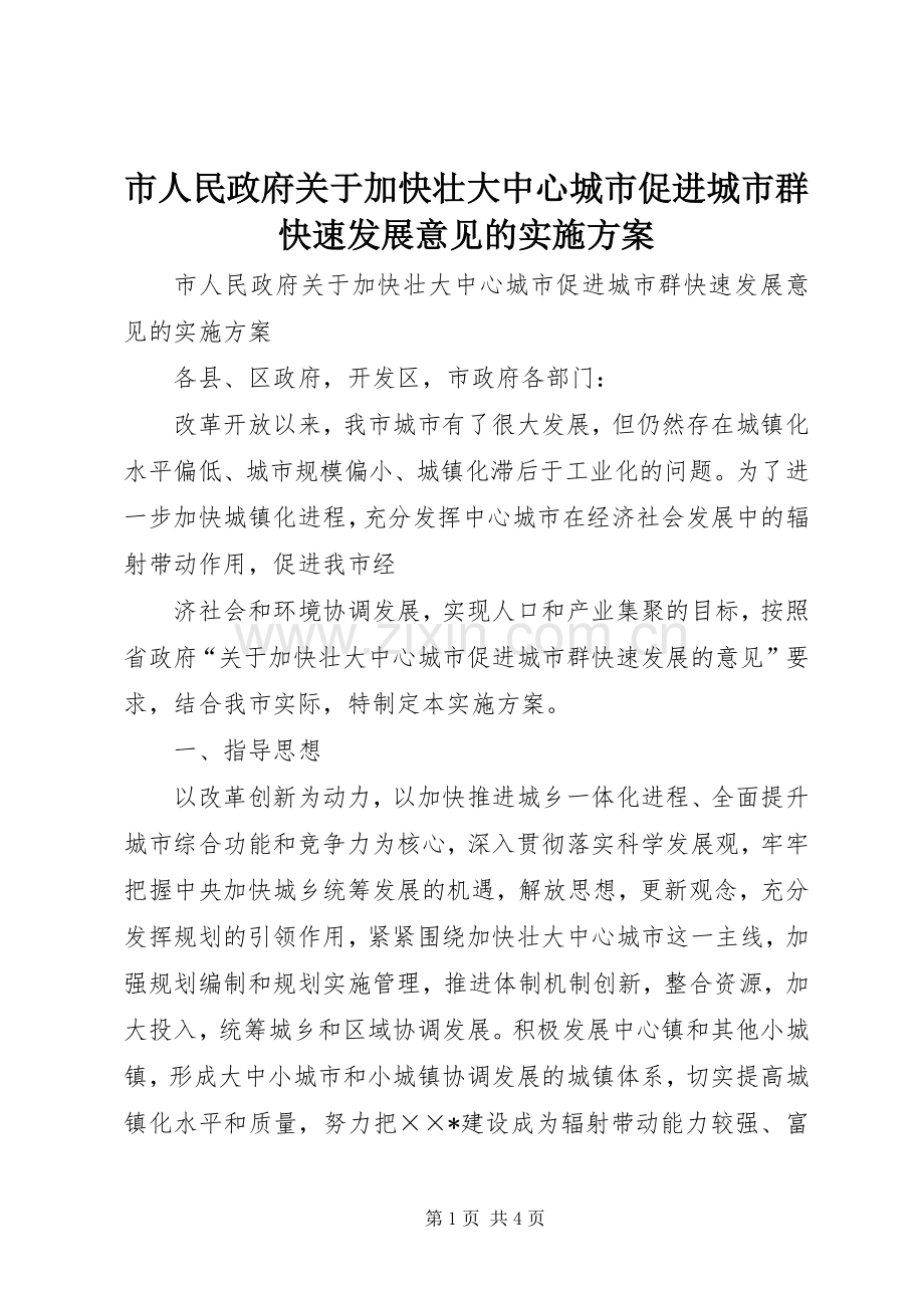 市人民政府关于加快壮大中心城市促进城市群快速发展意见的方案 .docx_第1页