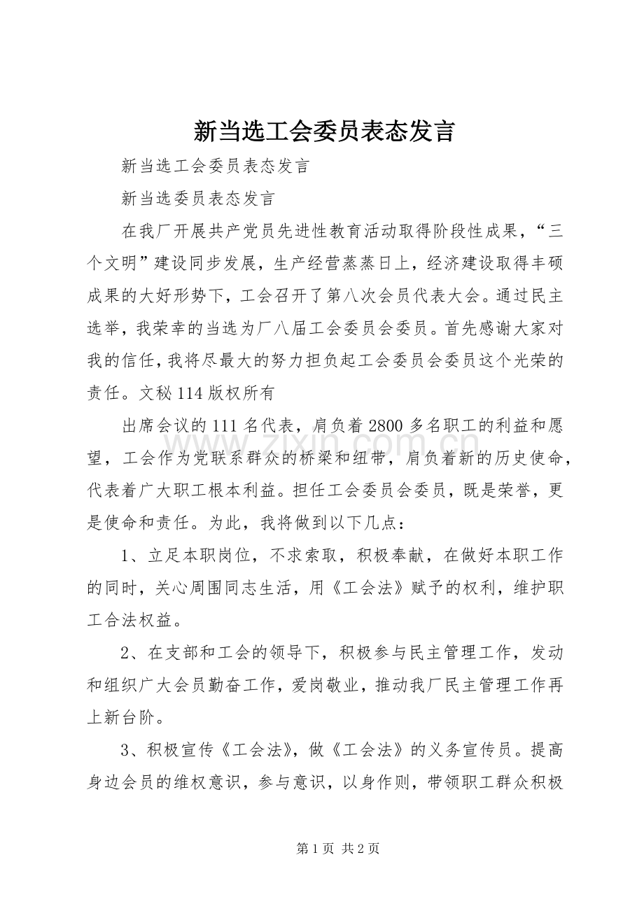 新当选工会委员表态发言稿 (2).docx_第1页
