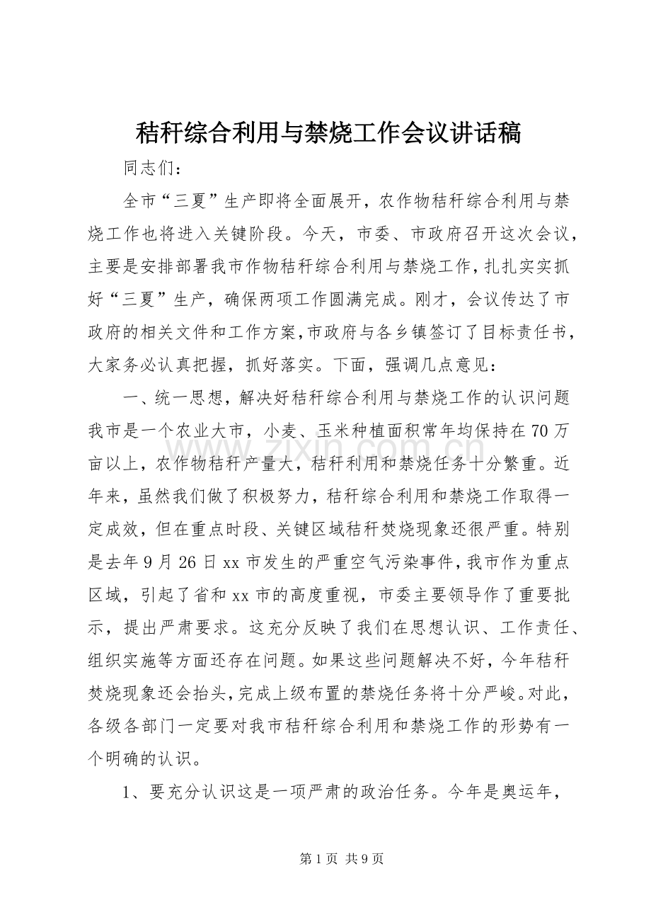 秸秆综合利用与禁烧工作会议讲话稿.docx_第1页