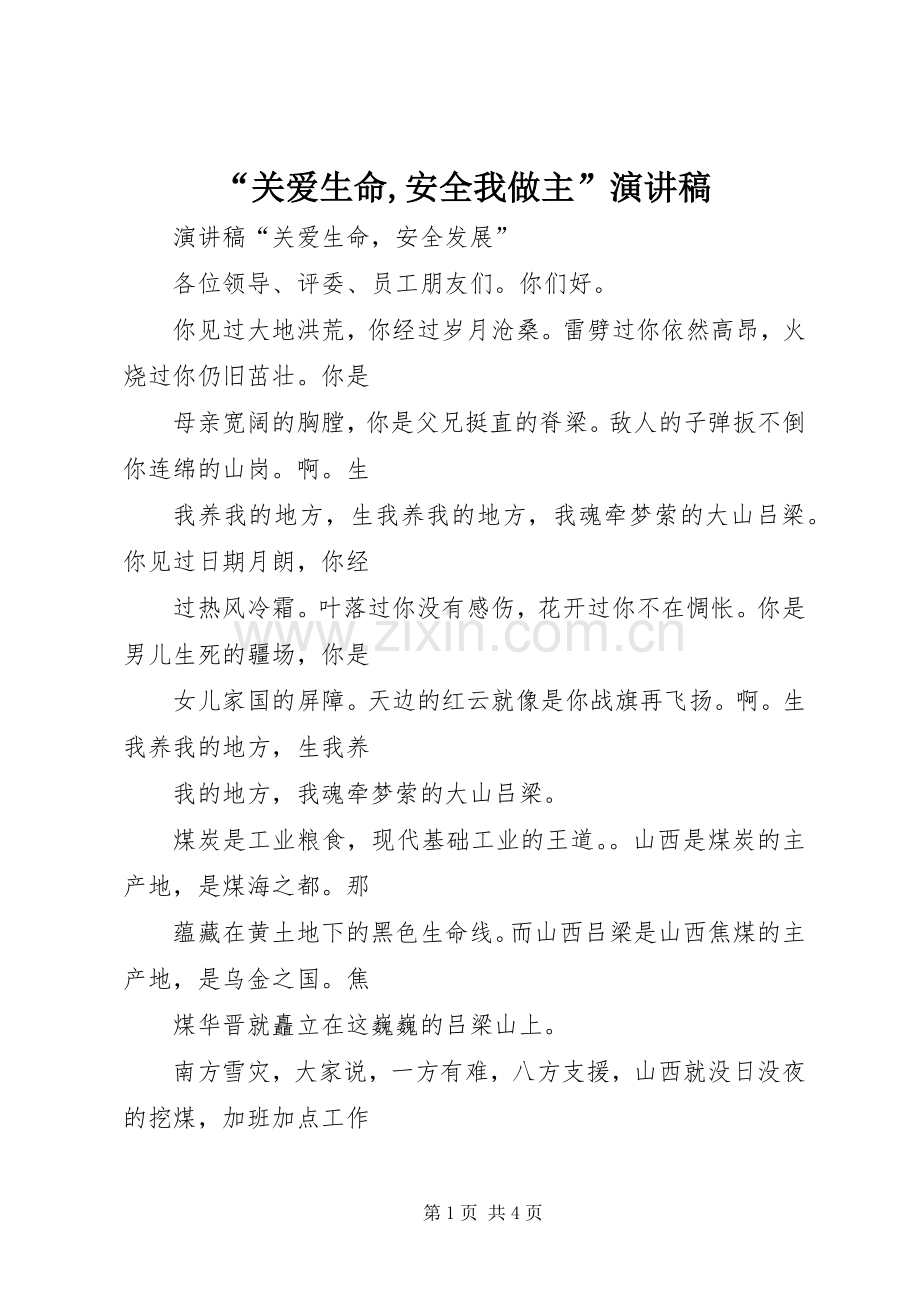 “关爱生命,安全我做主”演讲稿范文.docx_第1页