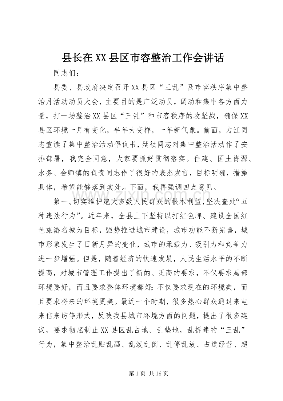 县长在XX县区市容整治工作会讲话.docx_第1页