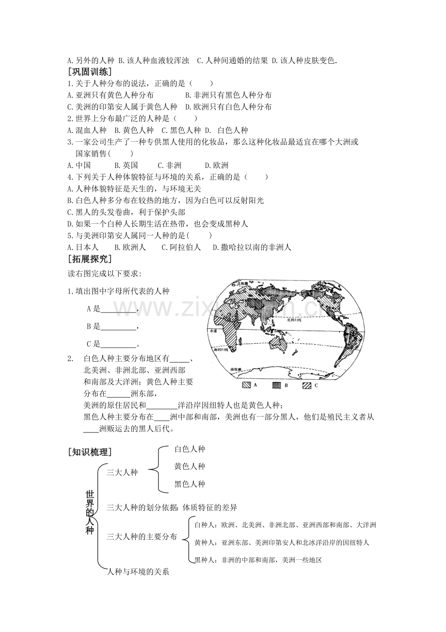 湘教版七年级上册第三章第二节《世界的人种》导学案.doc_第2页