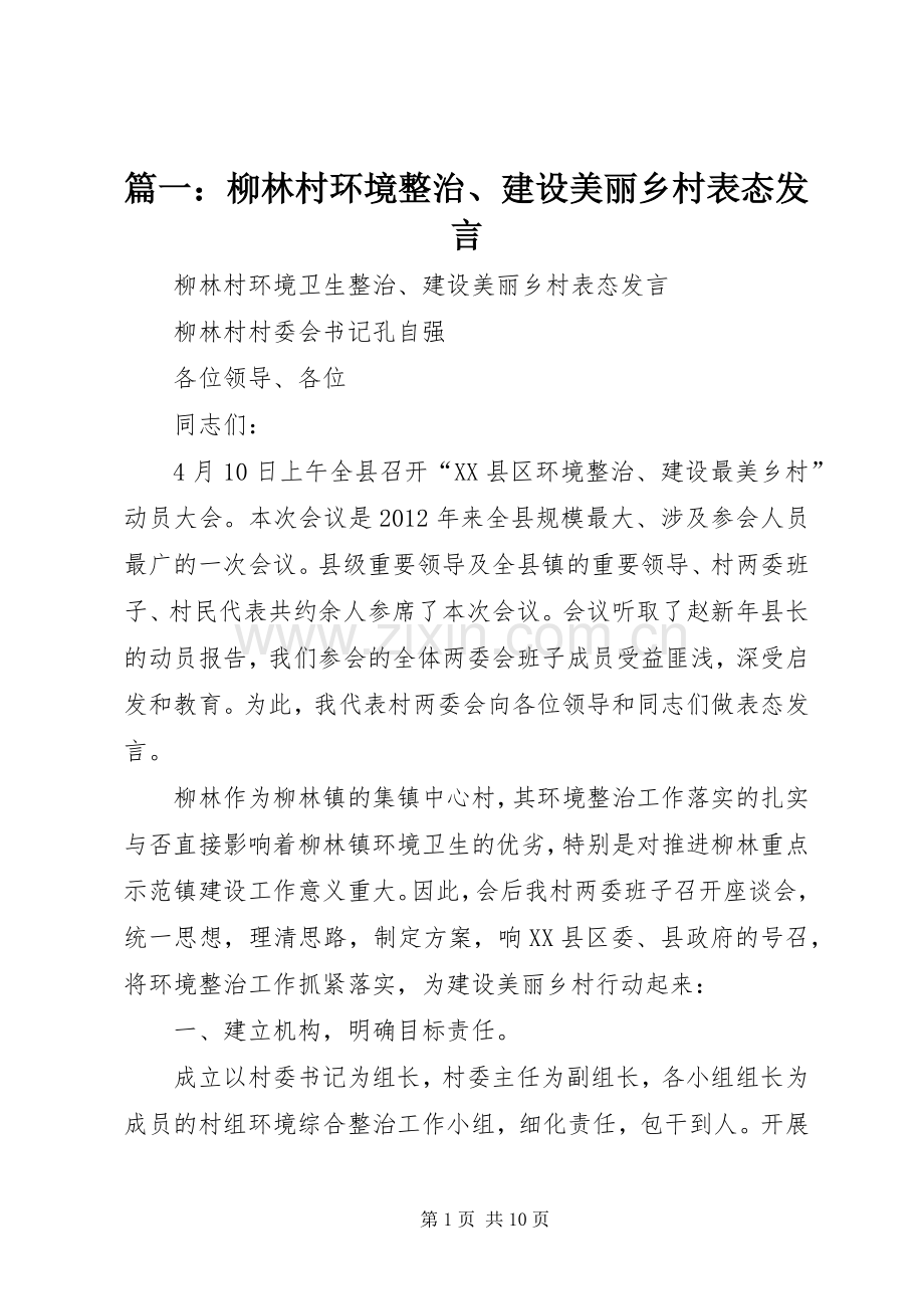 篇一：柳林村环境整治、建设美丽乡村表态发言.docx_第1页