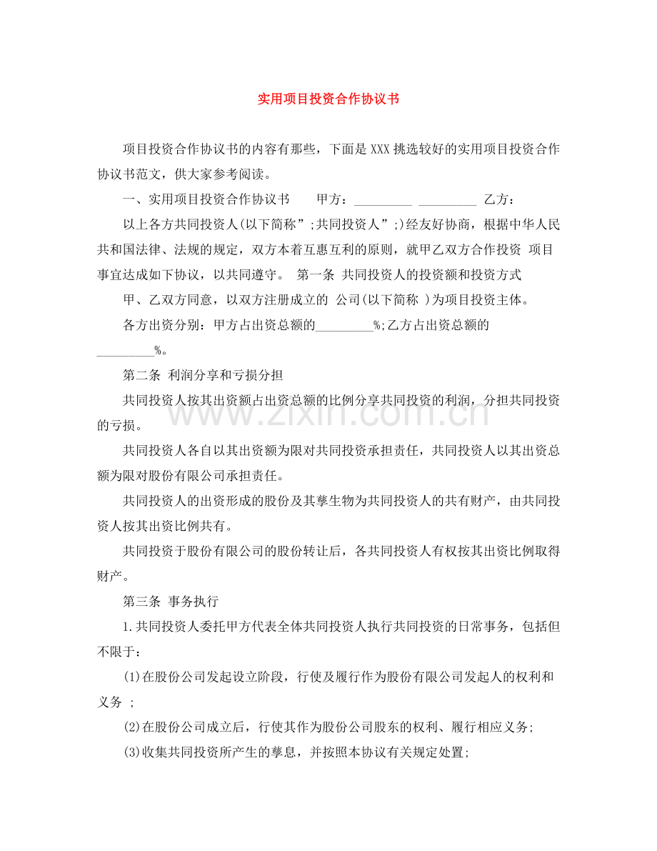 实用项目投资合作协议书.docx_第1页