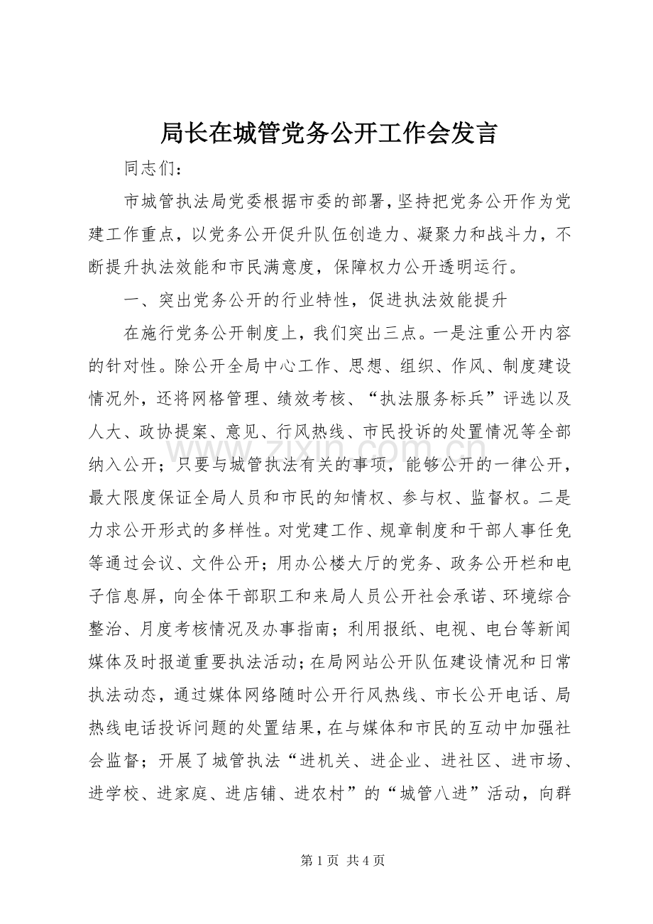 局长在城管党务公开工作会发言.docx_第1页
