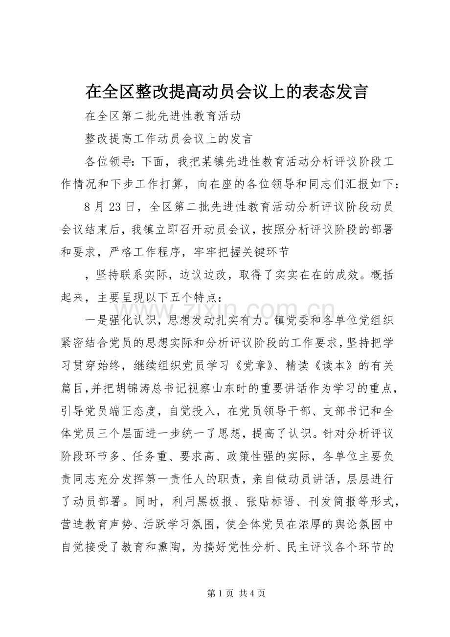 在全区整改提高动员会议上的表态发言稿 (2).docx_第1页