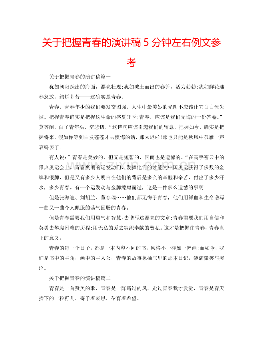 关于把握青春的演讲稿5分钟左右例文参考.doc_第1页
