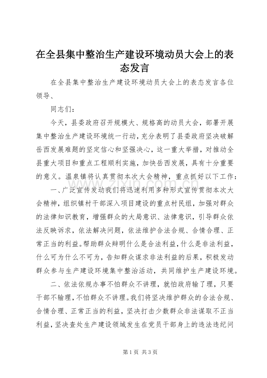在全县集中整治生产建设环境动员大会上的表态发言.docx_第1页