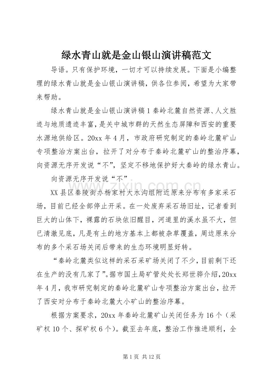 绿水青山就是金山银山演讲稿范文.docx_第1页