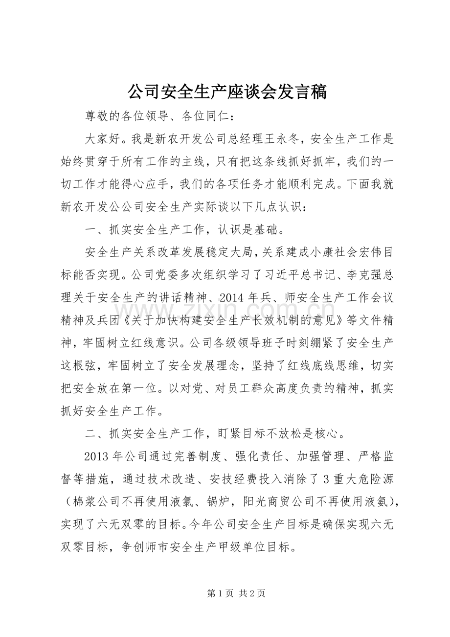 公司安全生产座谈会发言.docx_第1页