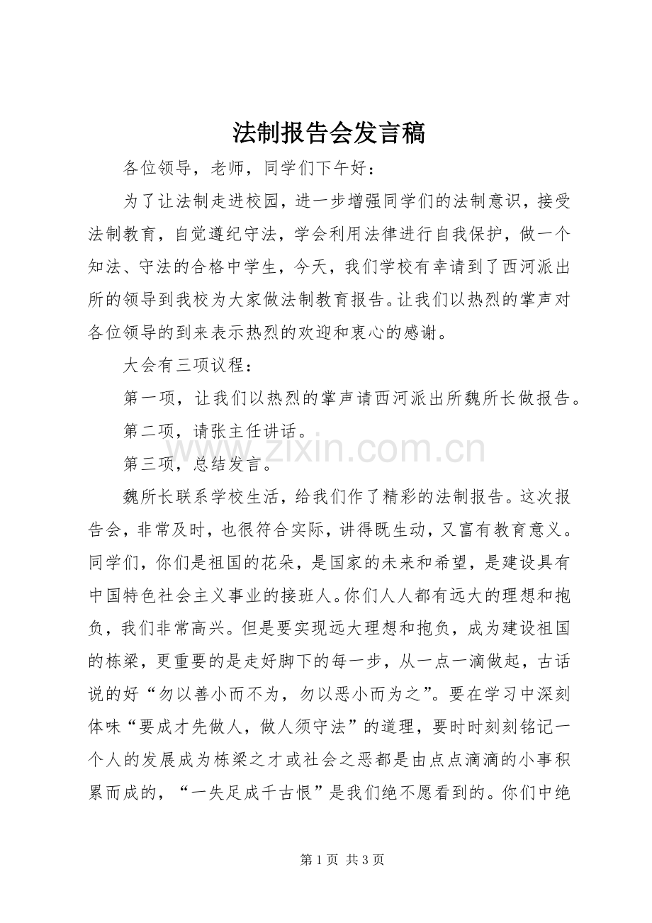 法制报告会发言稿范文.docx_第1页