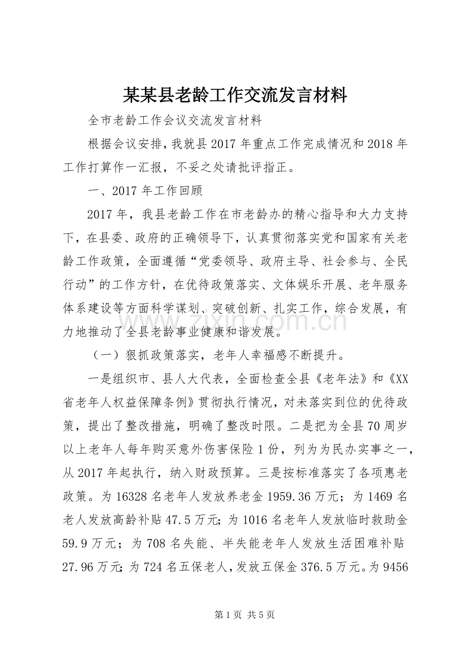 某某县老龄工作交流发言材料提纲.docx_第1页