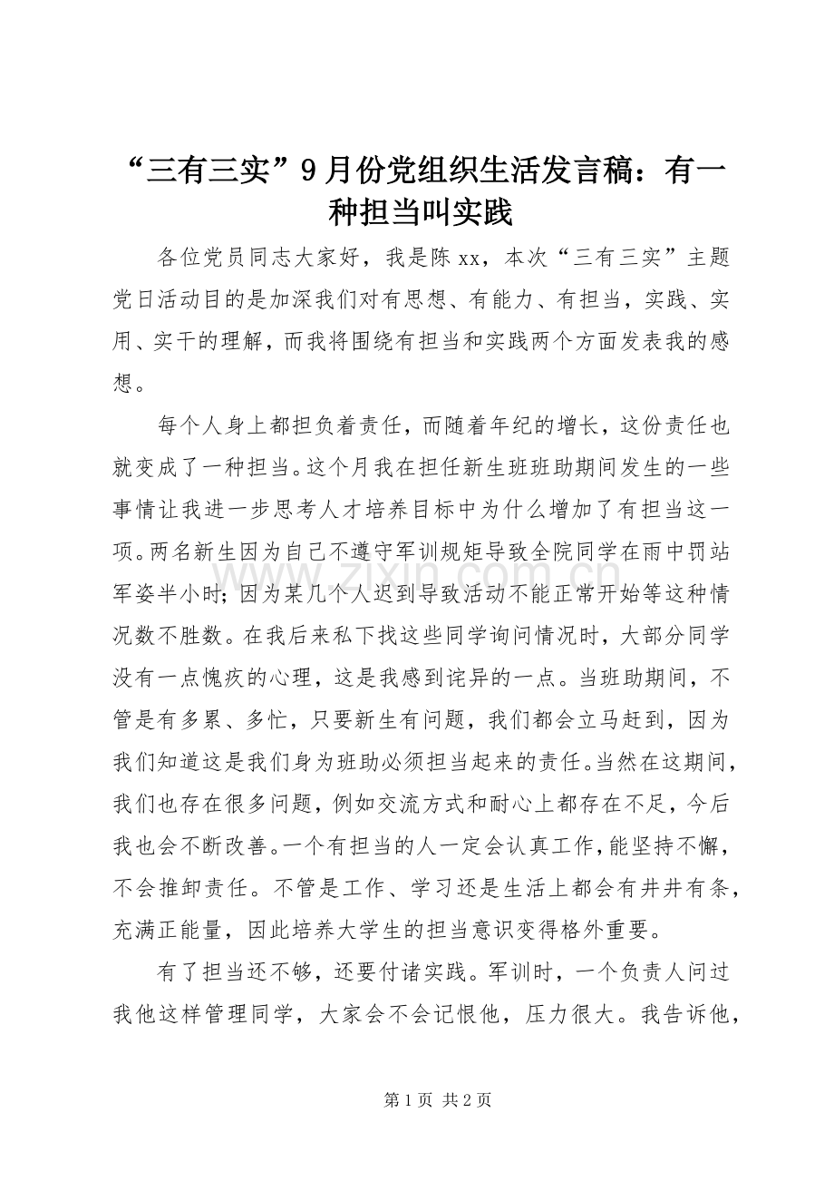 “三有三实”9月份党组织生活发言：有一种担当叫实践.docx_第1页