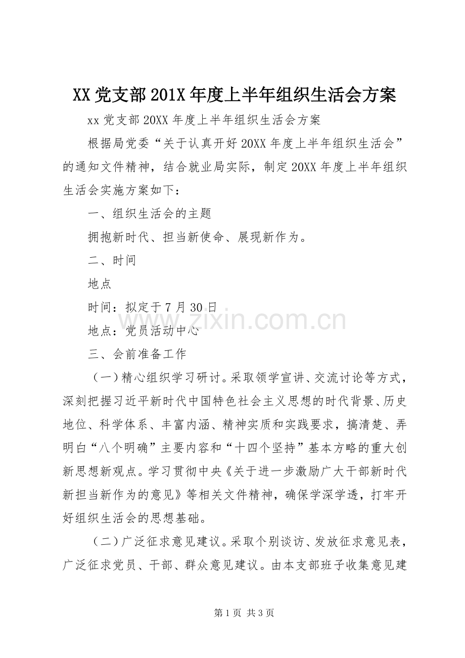 XX党支部201X年度上半年组织生活会实施方案.docx_第1页