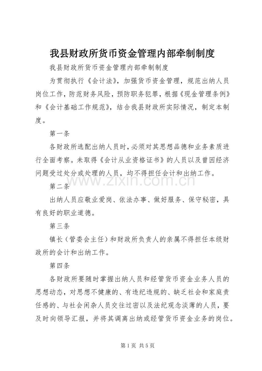 我县财政所货币资金管理内部牵制规章制度.docx_第1页