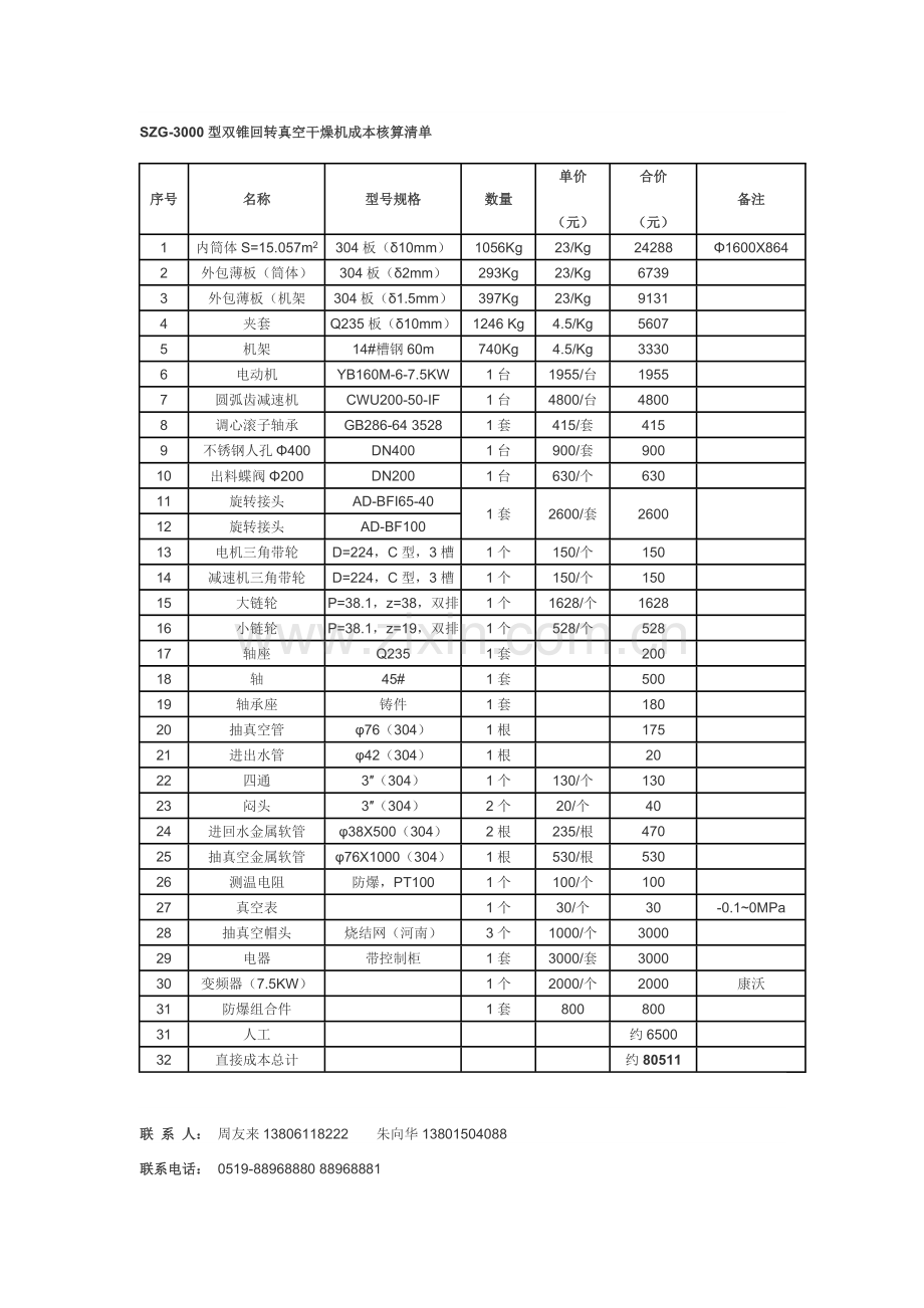 SZG-3000型双锥回转真空干燥机成本核算清.doc_第1页