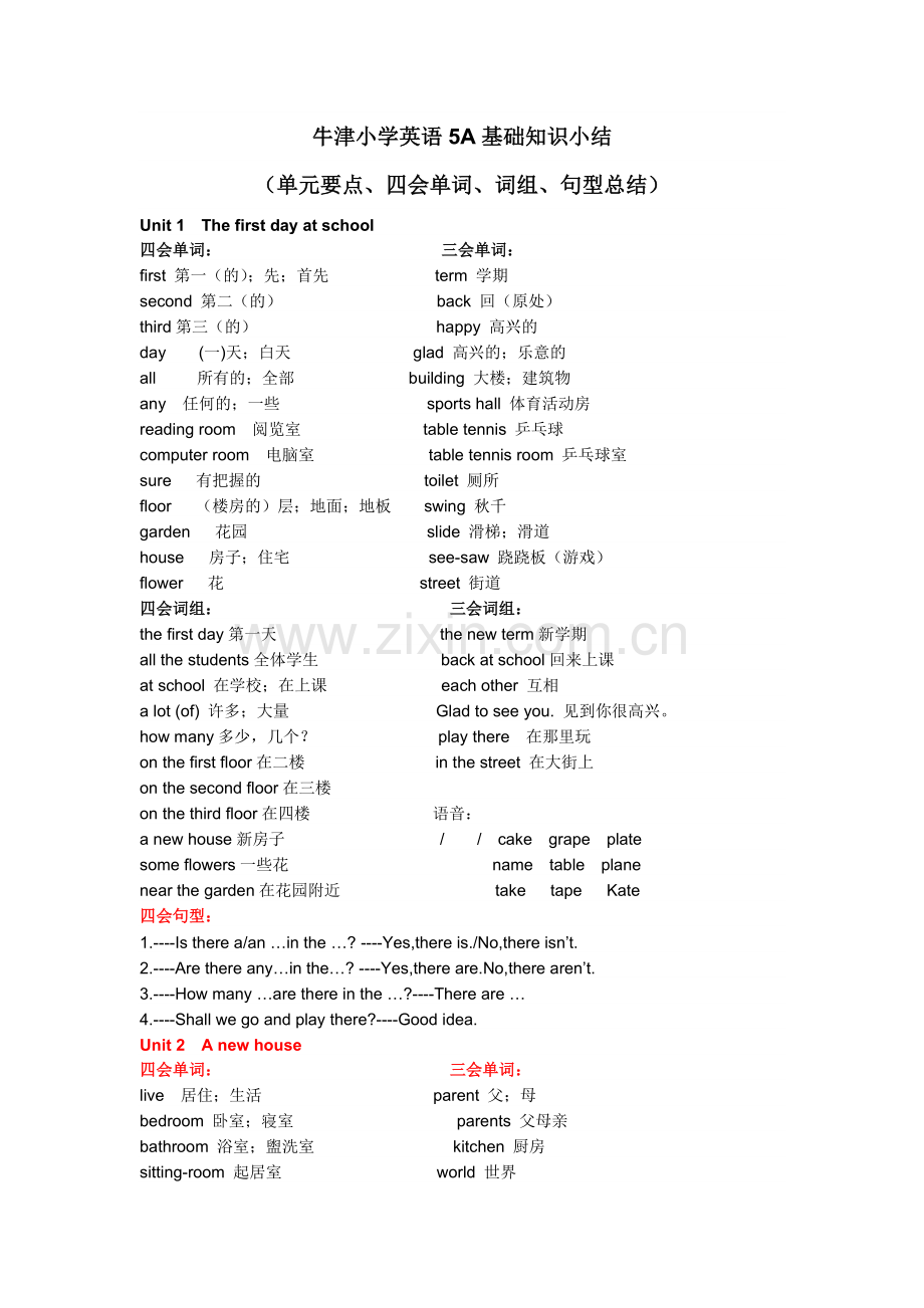 牛津小学英语5A单词、词组、句型小结[1]1.doc_第1页